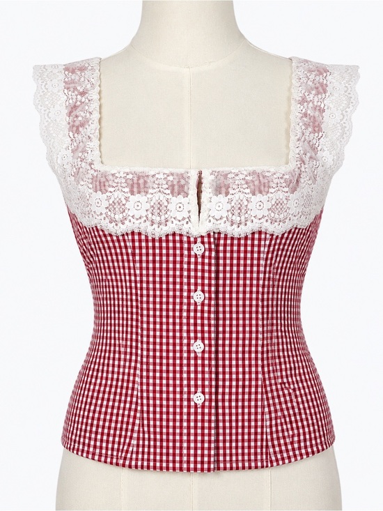 Guizio Tops - GUIZIO Paloma Corset Top Gingham Poppy Lace Trim Size Small
